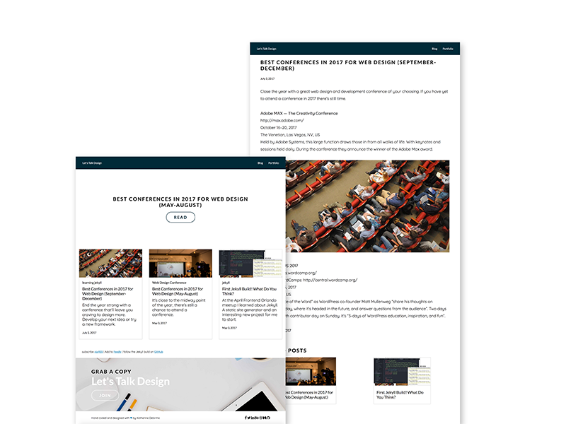 Jekyll blogg template view of the home page and a post by Katherine Delorme