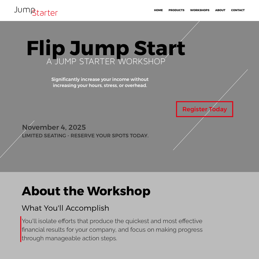 A snippet of the top portion of the workshop mockup with a hero image design and diagonal lines. By Katherine Delorme.