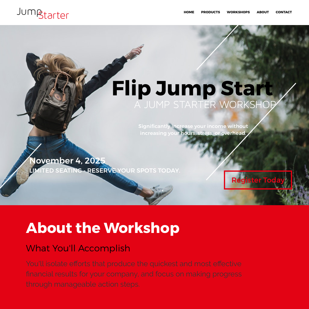 High fidelity mockup of the top portion of the workshop mockup with a hero image design and diagonal lines on top of the hero image of a girl jumping. By Katherine Delorme.